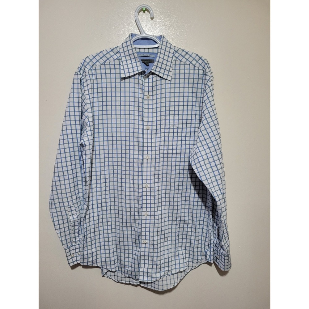 Johnston & Murphy Button Front Mens M White Blue Green Tailored Fit Cotton